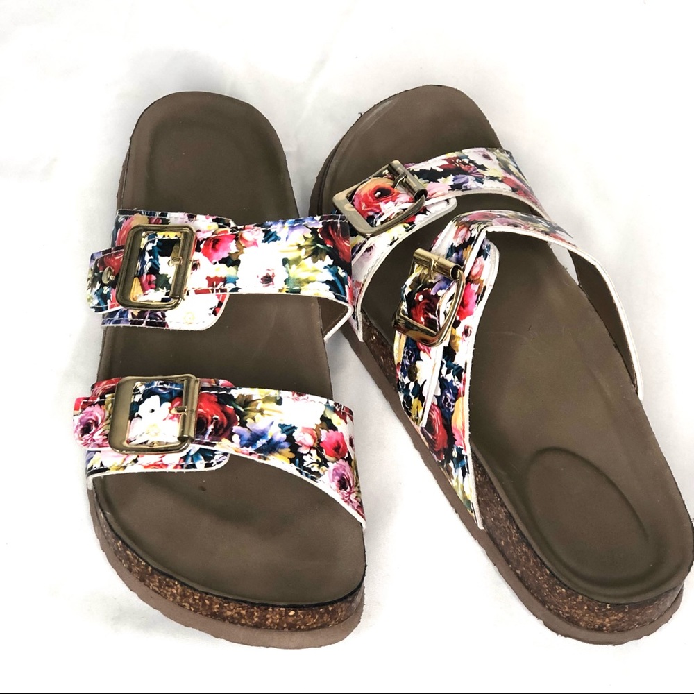 Double Strap Floral Fun Buckle Slip On Sandals